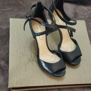 ANTONIO MELANI Black Leather Peep-Toe Ankle-Strap Heels